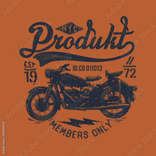 NYC Product of motorcycle, vintage T-shirt Design. custom motorcycle emblems, labels, badges, logos, prints, templates. Layered.