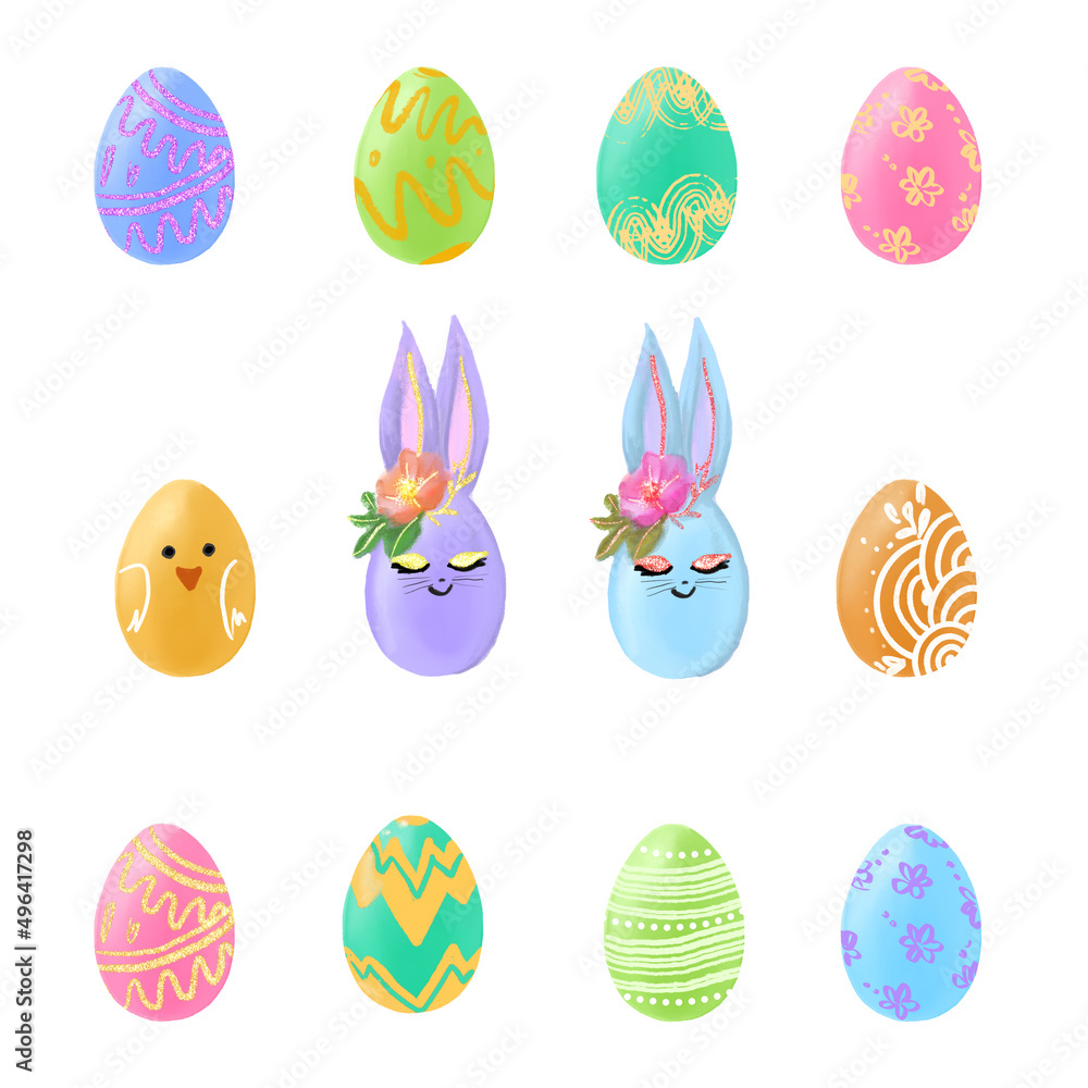 illustration set of 12 decorated colorful easter eggs isolated on white. illustration of easter eggs and easter bunnies