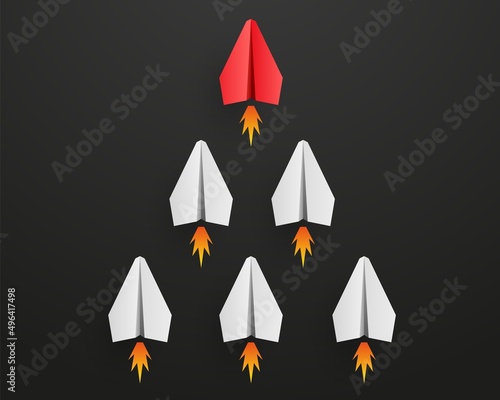 Individual red leader paper plane lead other with fire. Business and leadership