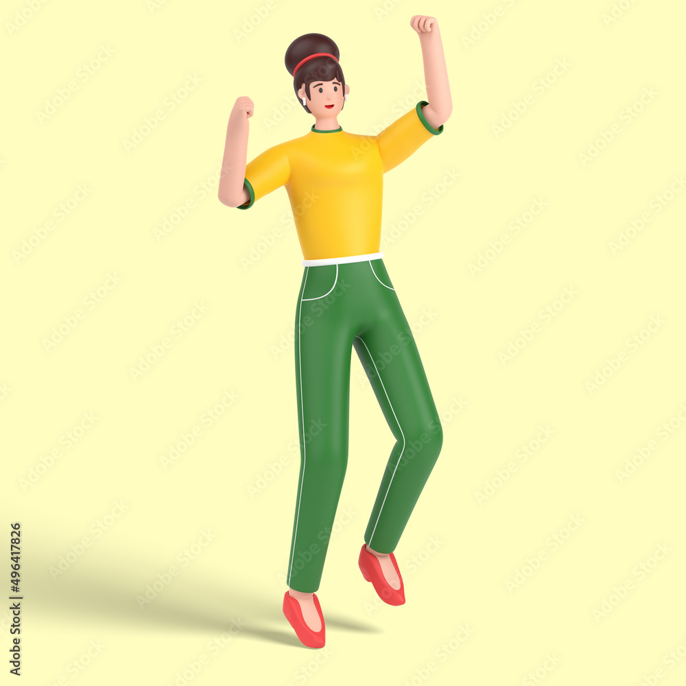 3d female character jumping and celebrates success