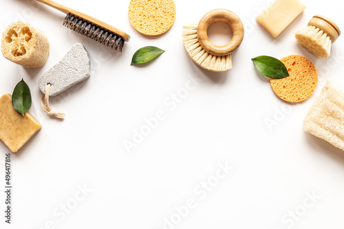Zero waste eco bathroom cosmetics products top view
