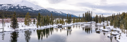 Panoramic reflection shot in open waater of a lake during winter season in Canada. 