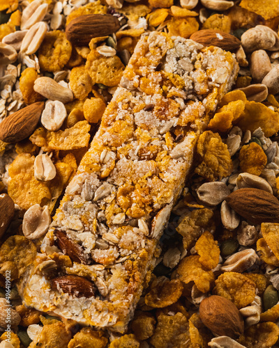 almond cereal bar above corn flakes, almonds, sunflower seeds, chocolate chips, pumpkin seeds
