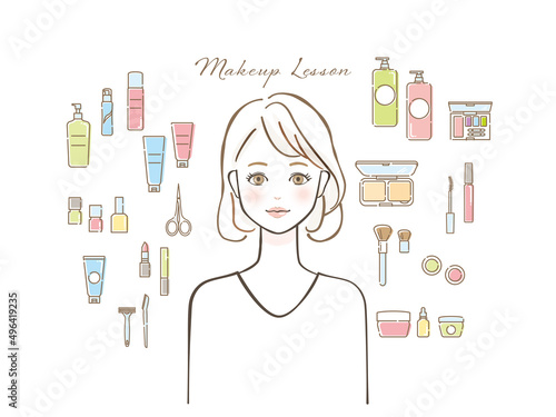 スキンケアアイテムと女性のイラストセット
