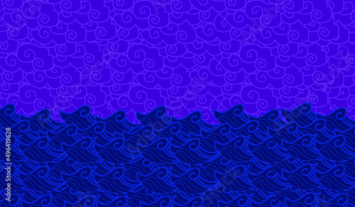 Vector clouds and sea background. Doodles clouds and rain, waves and underwater life. Hand-drawn swirls, spirals, drops, strokes and curls