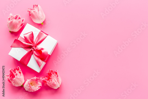 Happy Mothers day. Pink flowers with white gift box