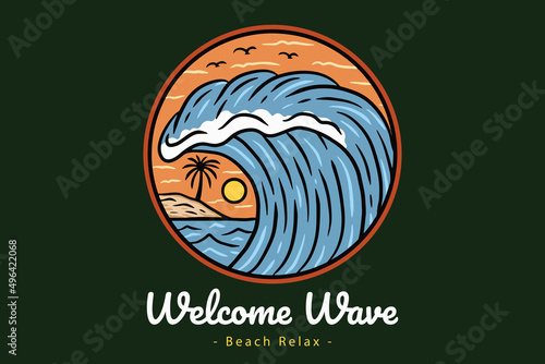Beach Sunset Summer Badges with Sun and Happy Wave Coconut Tree and Surf Travel Paradise island