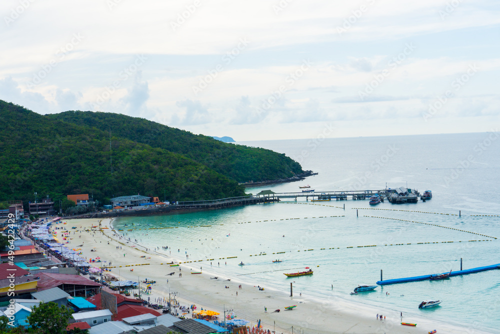 Tawaen Beach view point in Koh Larn island, Pattaya, Thailand,Beautiful blue sea sand beach, People come on vacation.