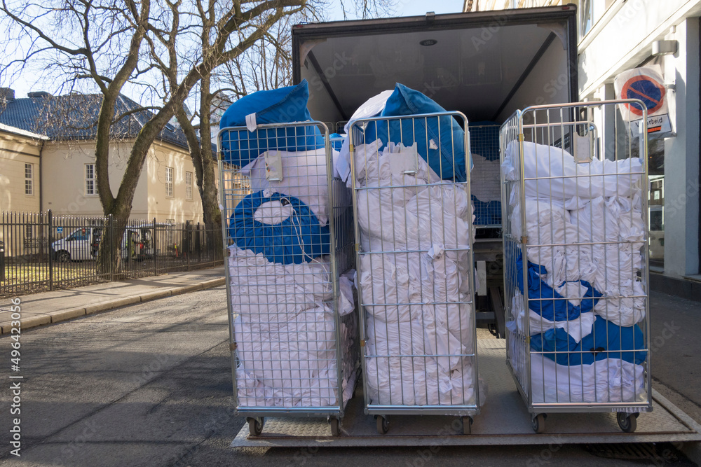 Oslo, Norway A truck picks up dirty laundry from a hotel. No logo. Stock  Photo | Adobe Stock