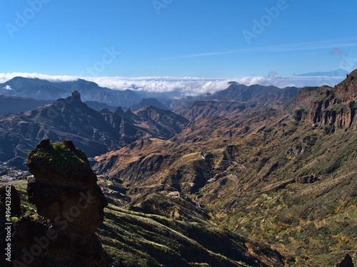 Stunning view of the colorful central mountains of island Gran Canaria, Canary Islands, Spain in sunny day in winter viewed on hiking tour near Tejeda. © Timon