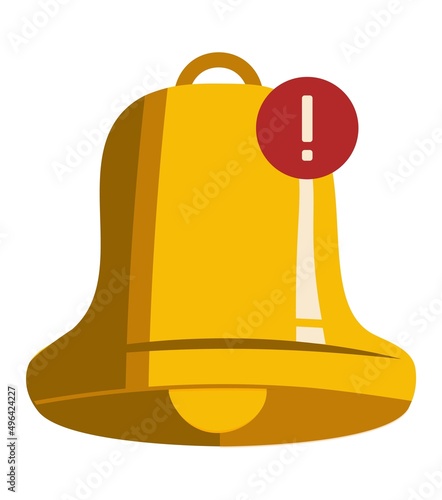 Yellow glossy bell, notification or alarm sign in 3d minimalist style. Ringing bell with an exclamation mark. Bright icon on a white background. Vector isolated illustration.