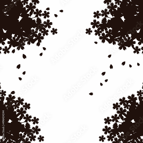 桜　さくら　フレーム　背景　春　花　シルエット　影絵　切り絵　コピースペース　シンプル　イラスト　白黒　モノクロ