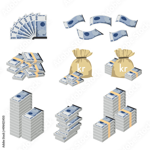 Norwegian Krone Vector Illustration. Huge packs of Norway money set bundle banknotes. Bundle with cash bills. Deposit, wealth, accumulation and inheritance. Falling money 200 kr