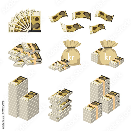 Norwegian Krone Vector Illustration. Huge packs of Norway money set bundle banknotes. Bundle with cash bills. Deposit, wealth, accumulation and inheritance. Falling money 500 kr