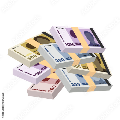 Norwegian Krone Vector Illustration. Norway money set bundle banknotes. Paper money 100, 200, 500, 1000 kr. Flat style. Isolated on white background. Simple minimal design.