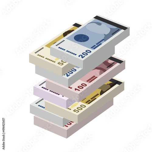 Norwegian Krone Vector Illustration. Norway money set bundle banknotes. Paper money 100, 200, 500, 1000 kr. Flat style. Isolated on white background. Simple minimal design.