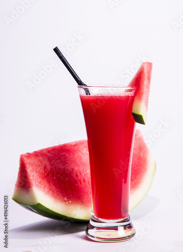 freshly blend red watermelon juice cold fruit drink halal healthy menu in white background