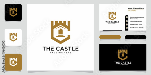 Vector illustration of castle logo design emblem, palace, fortress and business card design template