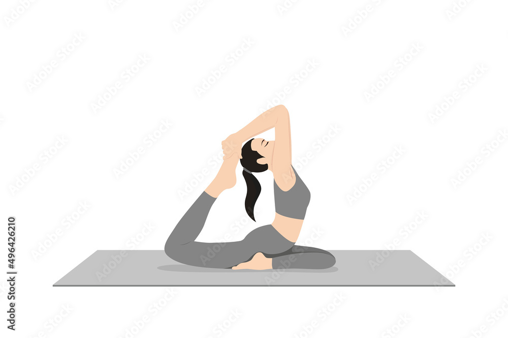 Vecteur Stock One Legged King Pigeon Pose Iii. Beautiful girl practice Eka  Pada Rajakapotasana Iii. Young attractive woman practicing yoga exercise.  working out, black wearing sportswear, grey pants and top, indoor