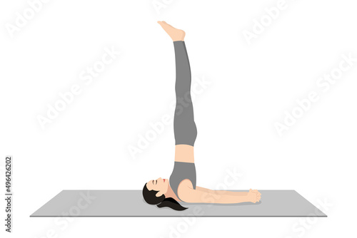 Shoulderstand Seal Pose. Beautiful girl practice Salamba Sarvangasana Yoga Mudrasana. Young attractive woman practicing yoga exercise. working out, black wearing sportswear, grey pants and top, indoor