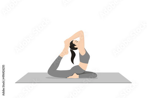 One Legged King Pigeon Pose Iii. Beautiful girl practice Eka Pada Rajakapotasana Iii. Young attractive woman practicing yoga exercise. working out, black wearing sportswear, grey pants and top, indoor