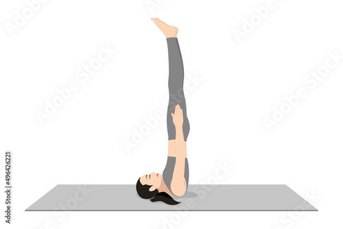 Unsupported Shoulder Stand Pose, Unsupported Shoulderstand Pose. Beautiful girl practice Niralamba Sarvangasana. Young attractive woman practicing yoga exercise. working out, black wearing sportswear