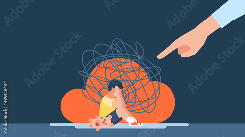 Bullying, harassment of children. The man points a finger at the guy. The little boy is sitting on the floor and crying. Insecurity, bullying of children. Flat design. Abstract illustration. Vector