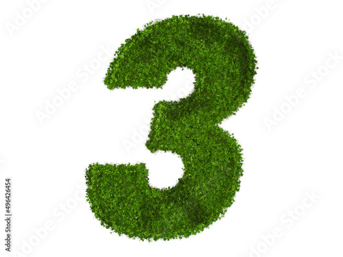3d rendering of Alphabet number 3 made of boxwood flower. high resolution image in isolated white background