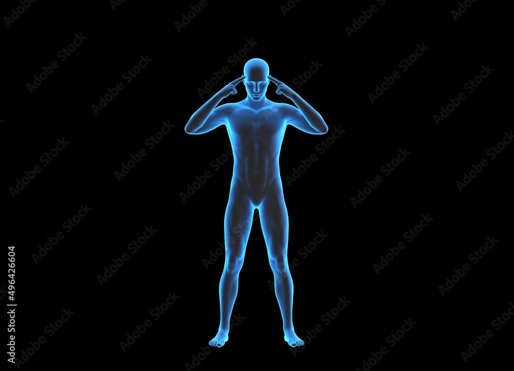 Obraz premium Technological human hologram of a male standing with hands holding his head - 3d anatomy artificial intelligence illustration