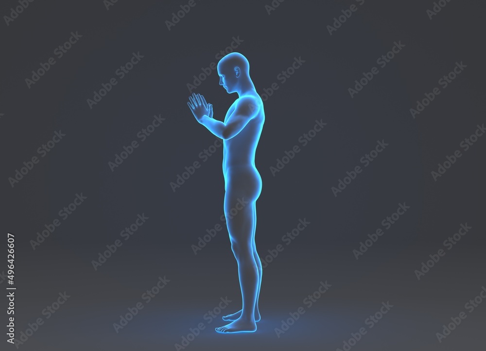 Technological human hologram of a male standing with hands holding his head - 3d anatomy artificial intelligence illustration Technological human hologram of a male standing with hands holding his head - 3d anatomy artificial intelligence illustration