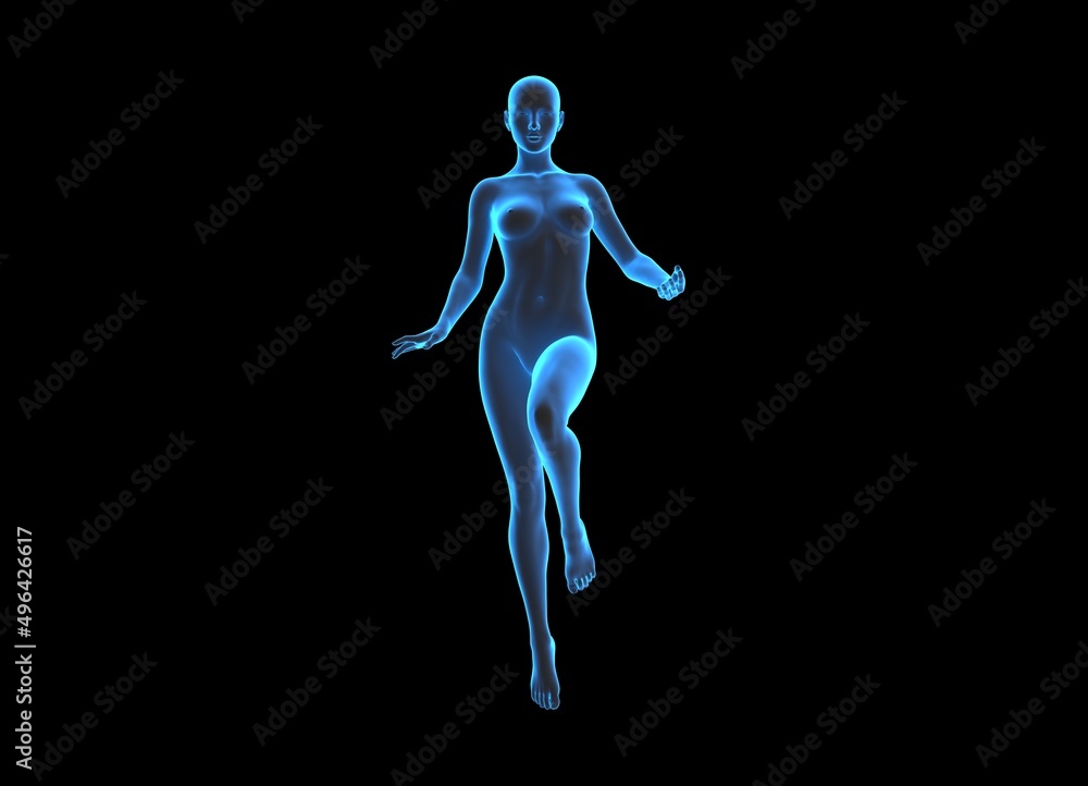 technological transparent female hologram anatomy body in a