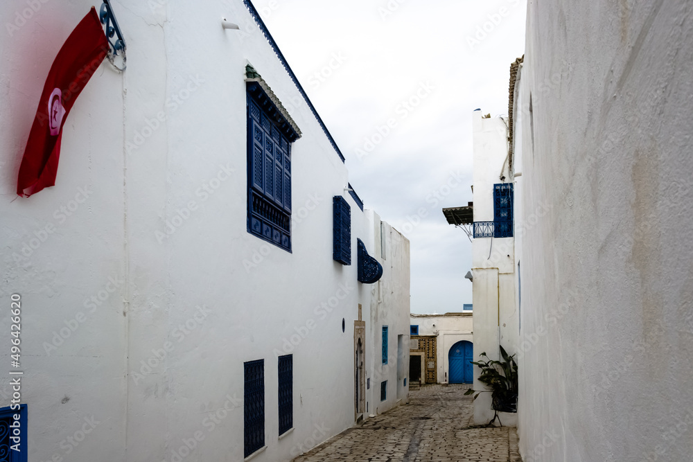 View of the typical houses and streets of the Mediterranean city of Sidi Bou Said, a town in northern Tunisia located about 20 km from the capital, Tunis