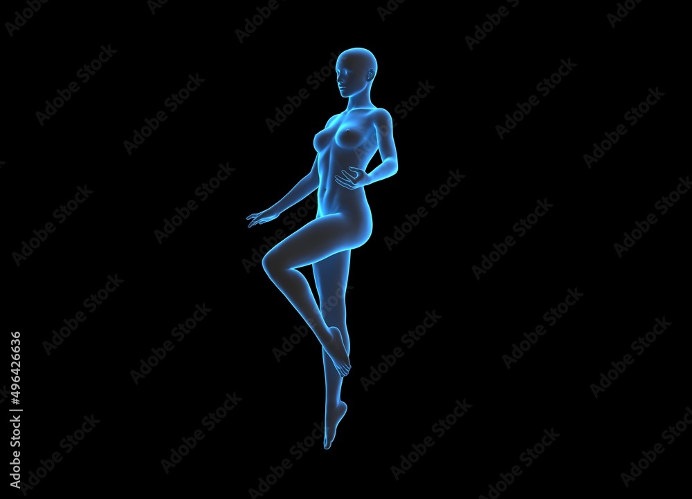 Obraz premium technological transparent female hologram anatomy body in a beautiful aesthetic pose - 3d illustration of woman in x ray view