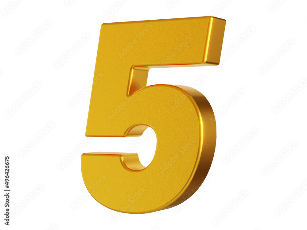 3d rendering of the number 5 in gold metal on a white isolated background 3d rendering of the number 5 in gold metal on a white isolated background
