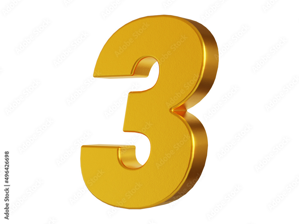 3d rendering of the number 3 in gold metal on a white isolated background 3d rendering of the number 3 in gold metal on a white isolated background