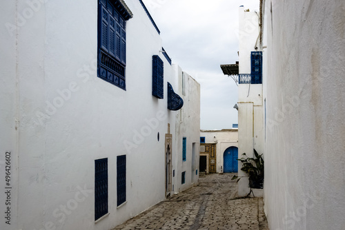 View of the typical houses and streets of the Mediterranean city of Sidi Bou Said, a town in northern Tunisia located about 20 km from the capital, Tunis © Mltz