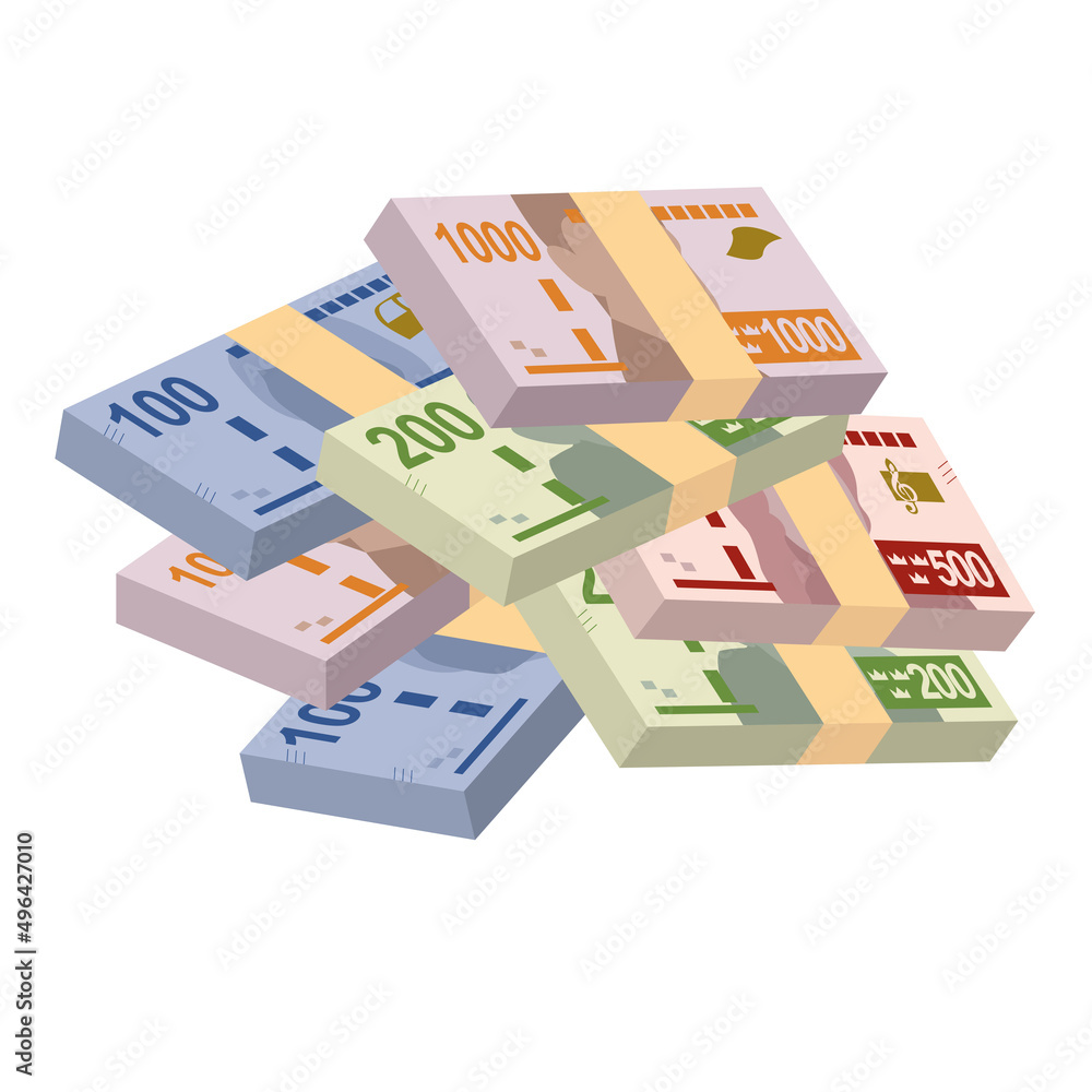 Obraz premium Swedish Krona Vector Illustration. Sweden money set bundle banknotes. Paper money 100, 200, 500, 1000 kr. Flat style. Isolated on white background. Simple minimal design.