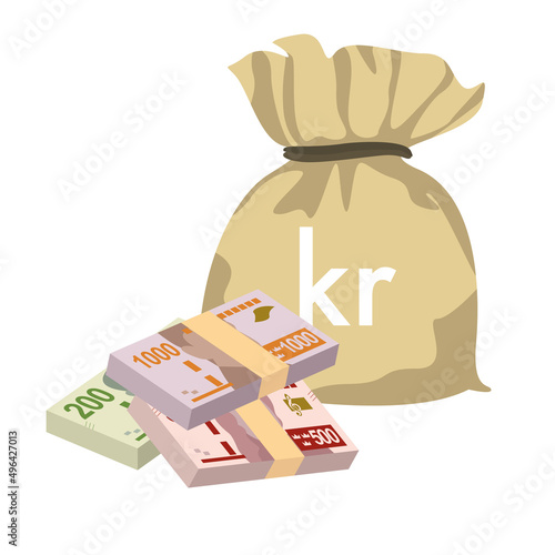 Swedish Krona Vector Illustration. Sweden money set bundle banknotes. Money bag 200, 500, 1000 kr. Flat style. Isolated on white background. Simple minimal design.