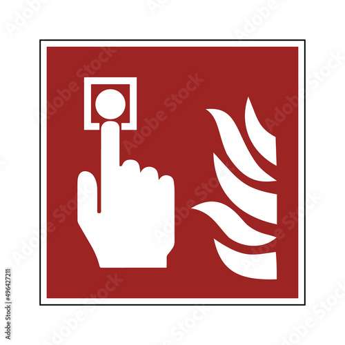 Fire alarm call point sign. Vector illustration of red square board with finger pressing button icon sign. Fire protection symbol isolated on white background. Red safety sticker.