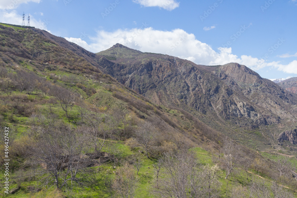 View of the mountains near the monastery Tatev in the spring. Armenia