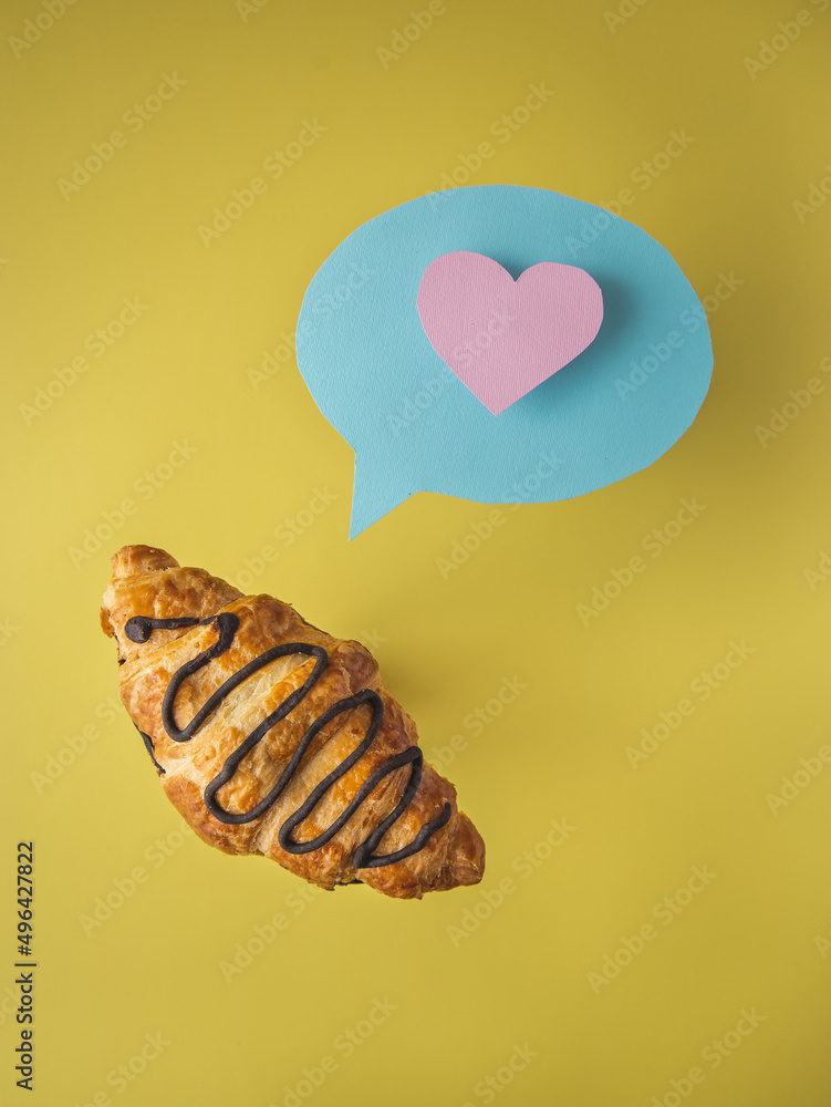 Croissant and bubble with heart. Chocolate, sweet, dessert, love. Breakfast and brunch. Croissant and bubble with heart. Chocolate, sweet, dessert, love. Breakfast and brunch.