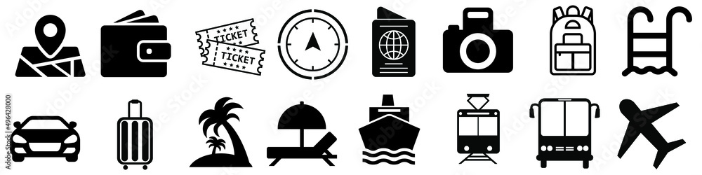 Tour vector icons set. travel illustration symbol collection. Contains such icon as ticket, transport, beach, compass, passport
