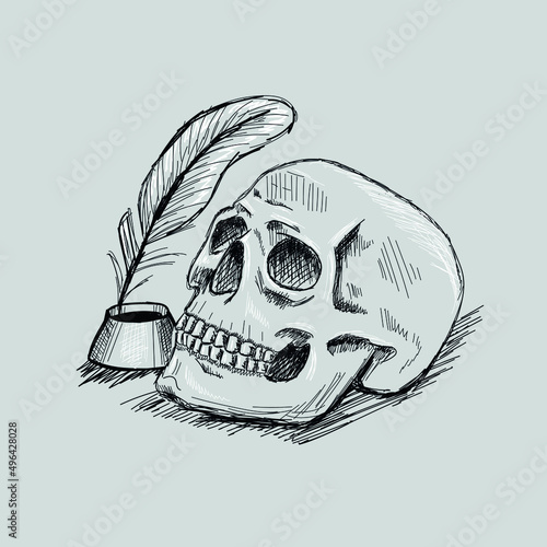 Hand drawn poet skull with a feather tattoo sketch.