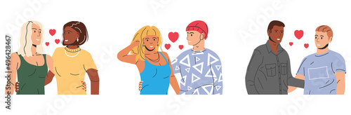 Collection of Different Types of Couples. Set of Various Relationships. Polygyny, Interracial, Gay, Lesbian, Heterosexual People. LGBT Pride, Gender Identity, Love Diversity. Flat Vector Illustration