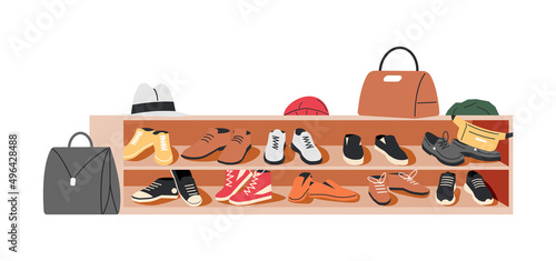 Hallway Seat Cabinet With Shoes Isolated. Foyer Entrance Seat with Footwear, Bags and Hats. Men and Woman Footwear Collection. Different Male and Female Accessories. Cartoon Flat Vector Illustration
