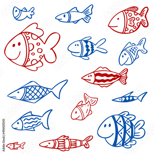 Set of red and blue fishes in doodle ink style. Hand drawn illustration