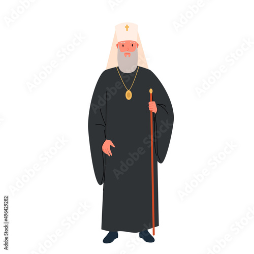 Orthodox patriarch, christian leader character vector illustration. Cartoon old man with beard, adult person in priest traditional robe isolated on white. Priesthood, religion, worship concept