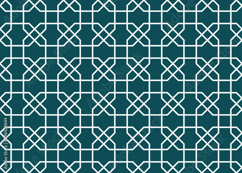 Traditional Islamic style geometric line art shapes of 8-sided octagons in a repeating pattern in white color outline on a teal-green background, vector illustration