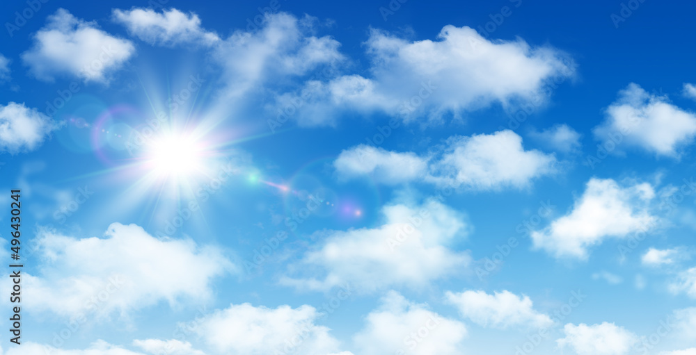 Sunny day background, blue sky with white cumulus clouds and sun, natural summer or spring background