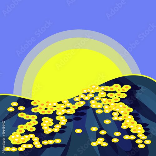 Poster design with a call to help and pray for Ukraine.Peacetime after Russian military operations in Ukraine. Image of a field of sunflowers and the sky in the style of impressionism